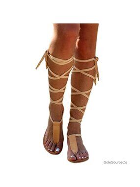 Knee High Lace Up Gladiator Sandals Women Strappy Flat Boho Summer